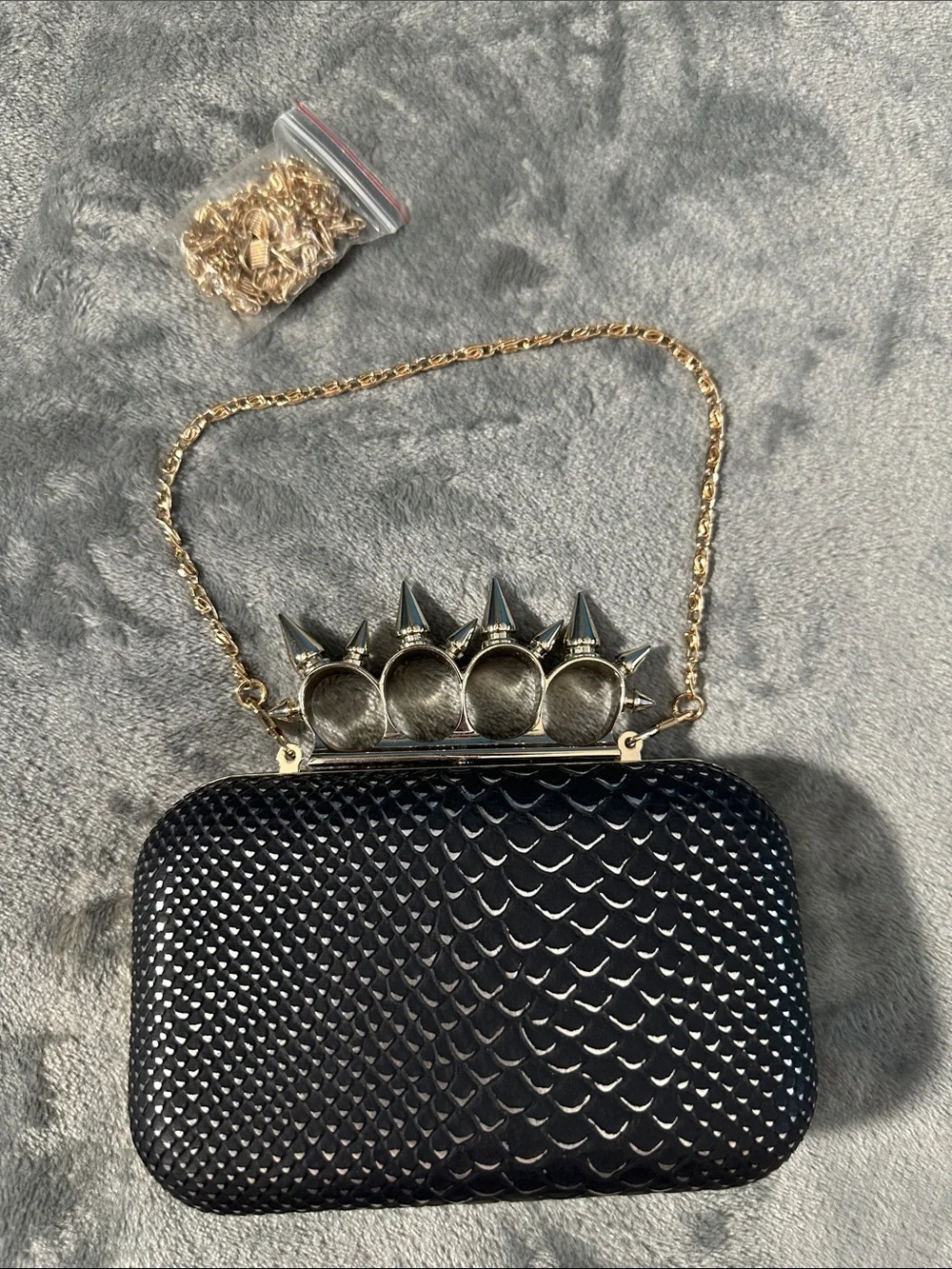 EUC Just Fabulous Studded Knuckle-Handle Black Clutch Bag w/Gold Chain